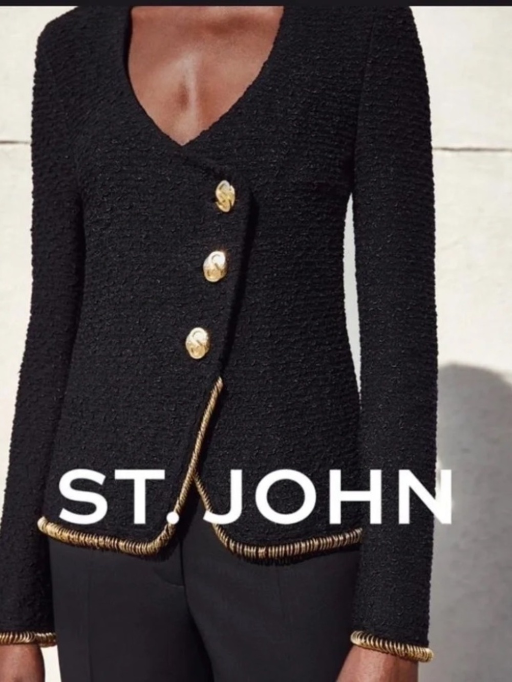 St. John Couture NWT Black Knit Gold Trim Asymmetrical Blazer Jacket Size 8
